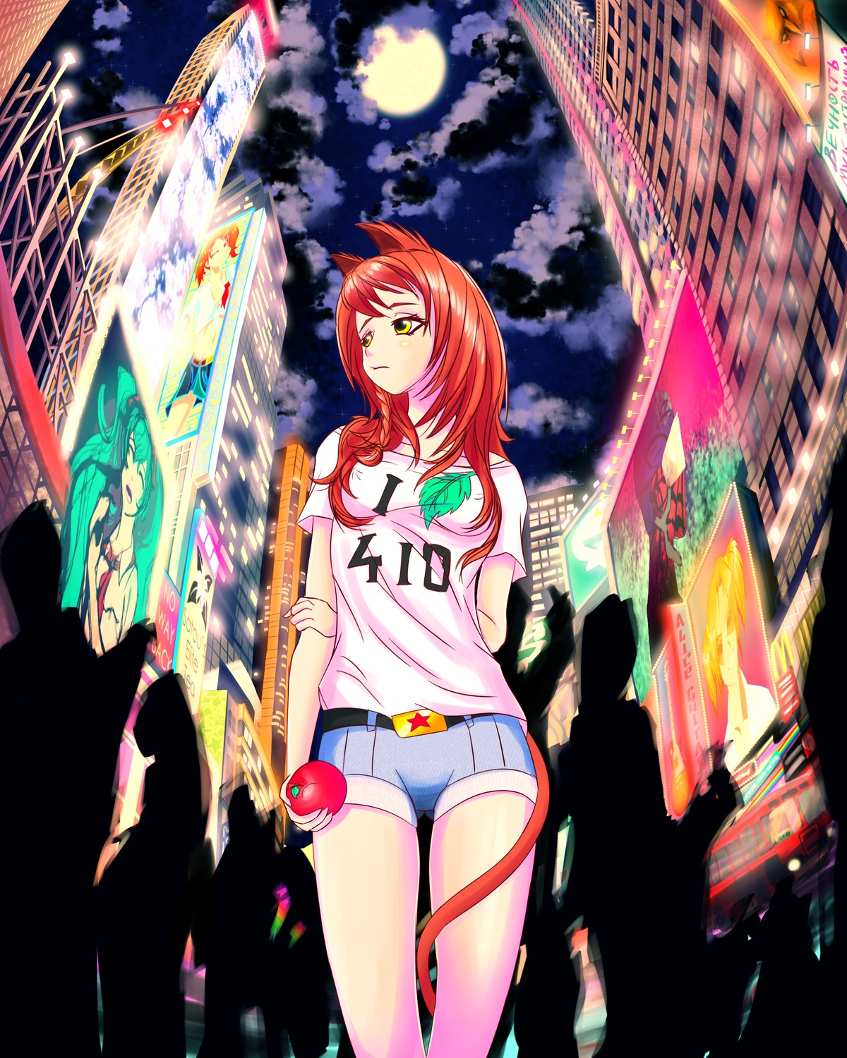 animal_ears apple braid brown_hair cat_ears city cityscape eroge from_below full_moon highres house long_hair moon night perspective shirt shorts silhouette sky tail /tan/ t-shirt uvao-chan yellow_eyes