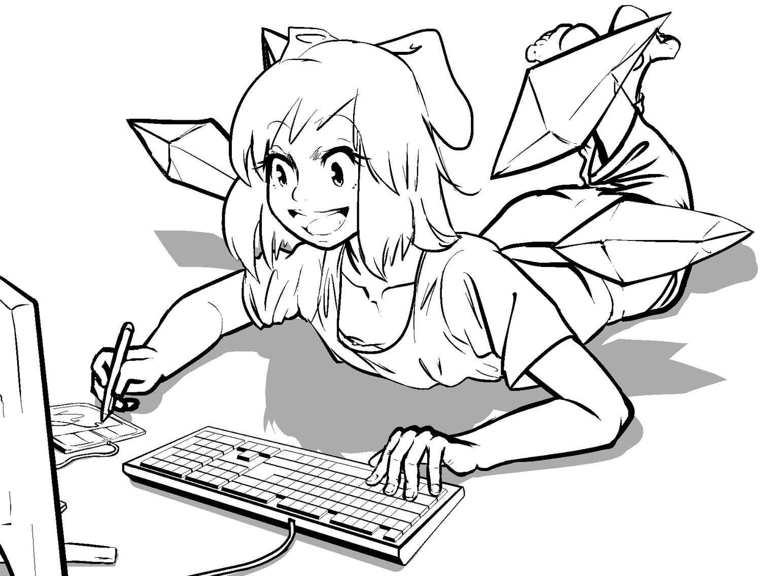 bow cirno computer keyboard lying monochrome short_hair sketch tablet wings