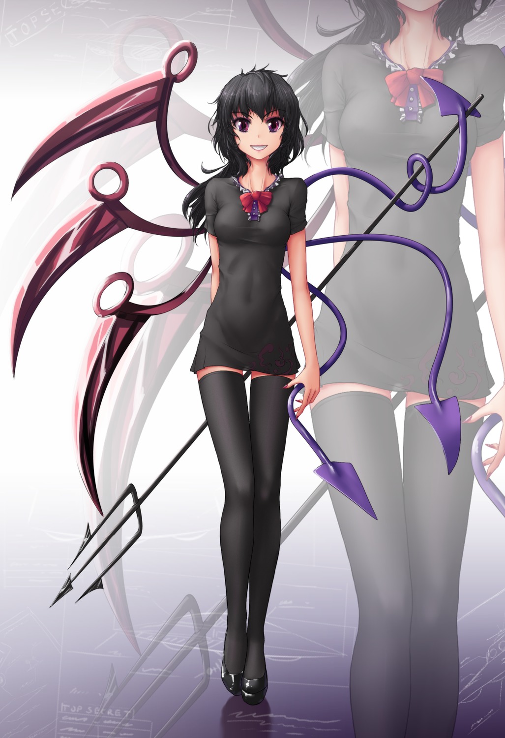 1girl black_hair black_legwear dress full_body hater_(artist) houjuu_nue long_hair pink_eyes smile solo standing thighhighs /to/ touhou trident weapon wings zettai_ryouiki zoom_layer