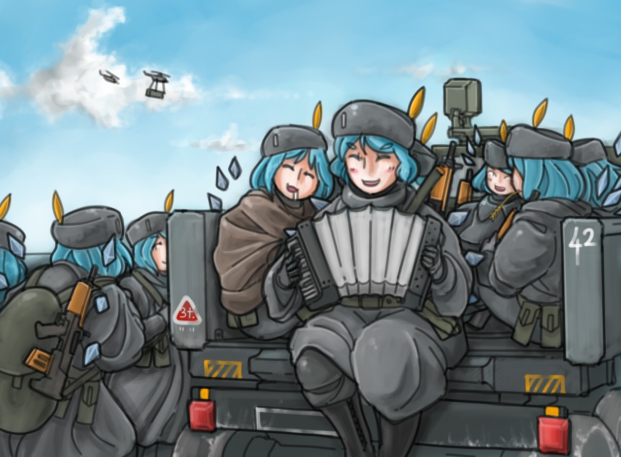 accordion alternate_costume blue_hair cirno has_child_posts hat helicopter instrument military military_uniform multiple_girls multiple_persona music outdoors panzermeido_(artist) short_hair sky touhou weapon wings