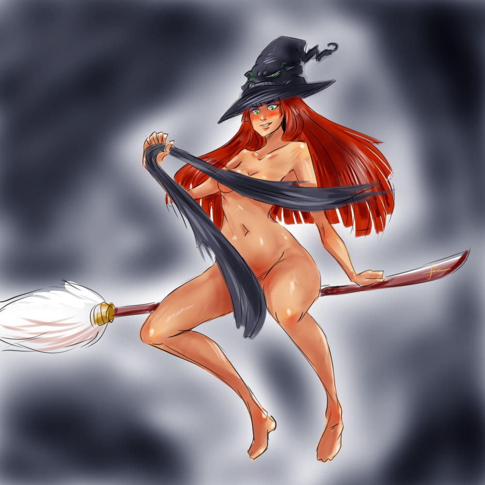 broom flying green_eyes hat long_hair nude red_hair witch witch_hat