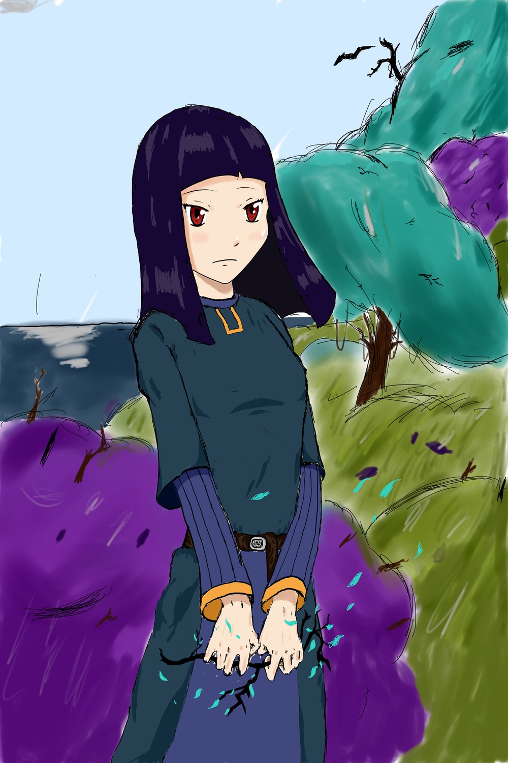 long_hair outdoors purple_hair red_eyes sketch tree