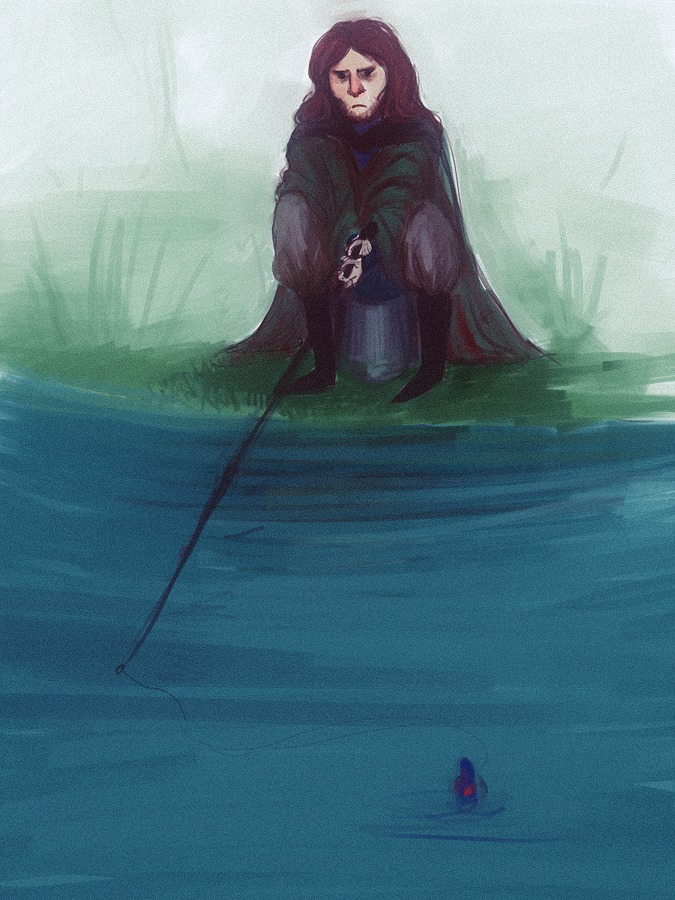 1boy /an/ aragorn bristle brown_hair fishing long_hair lord_of_the_rings nature outdoors sitting water