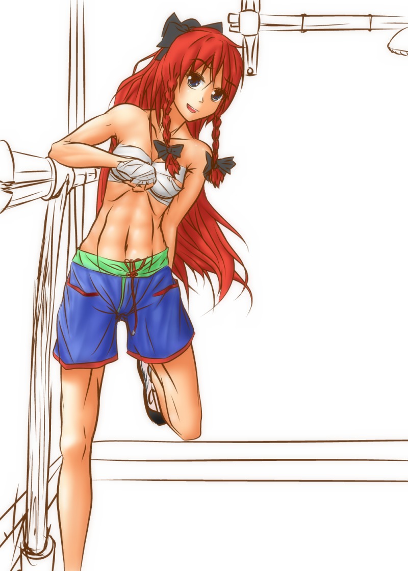 alternate_costume bandages blue_eyes bow braid hater_(artist) hong_meiling long_hair red_hair shorts /to/ touhou twin_braids