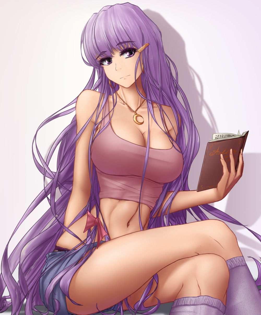 alternate_costume book bow breasts cleavage contemporary earrings hater_(artist) jewelry long_hair midriff navel patchouli_knowledge pendant purple_hair shorts sitting socks /to/ top touhou