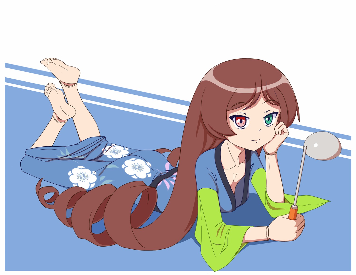 barefoot brown_hair chin_rest doll_joints drill_hair green_eyes heterochromia ladle long_hair lying on_stomach red_eyes rozen_maiden simple_background smile suiseiseki tagme very_long_hair