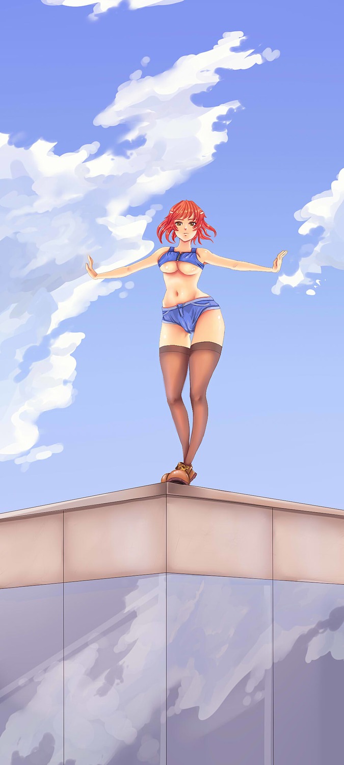 breasts cameltoe cloud crop_top has_child_posts highres outdoors outstretched_arms red_hair short_hair shorts sky thighhighs yellow_eyes