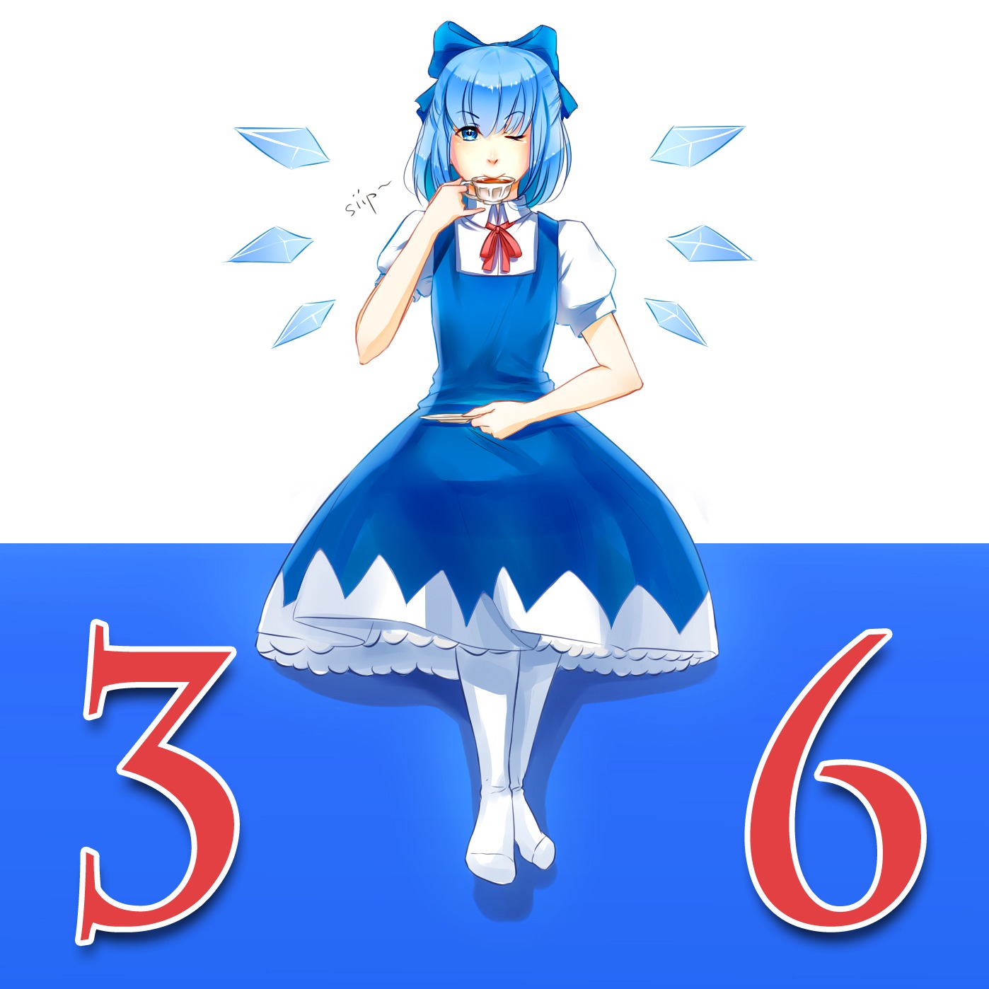 blue_eyes blue_hair bow cirno cup dress madskillz_thread_oppic short_hair sitting tea touhou wings wink