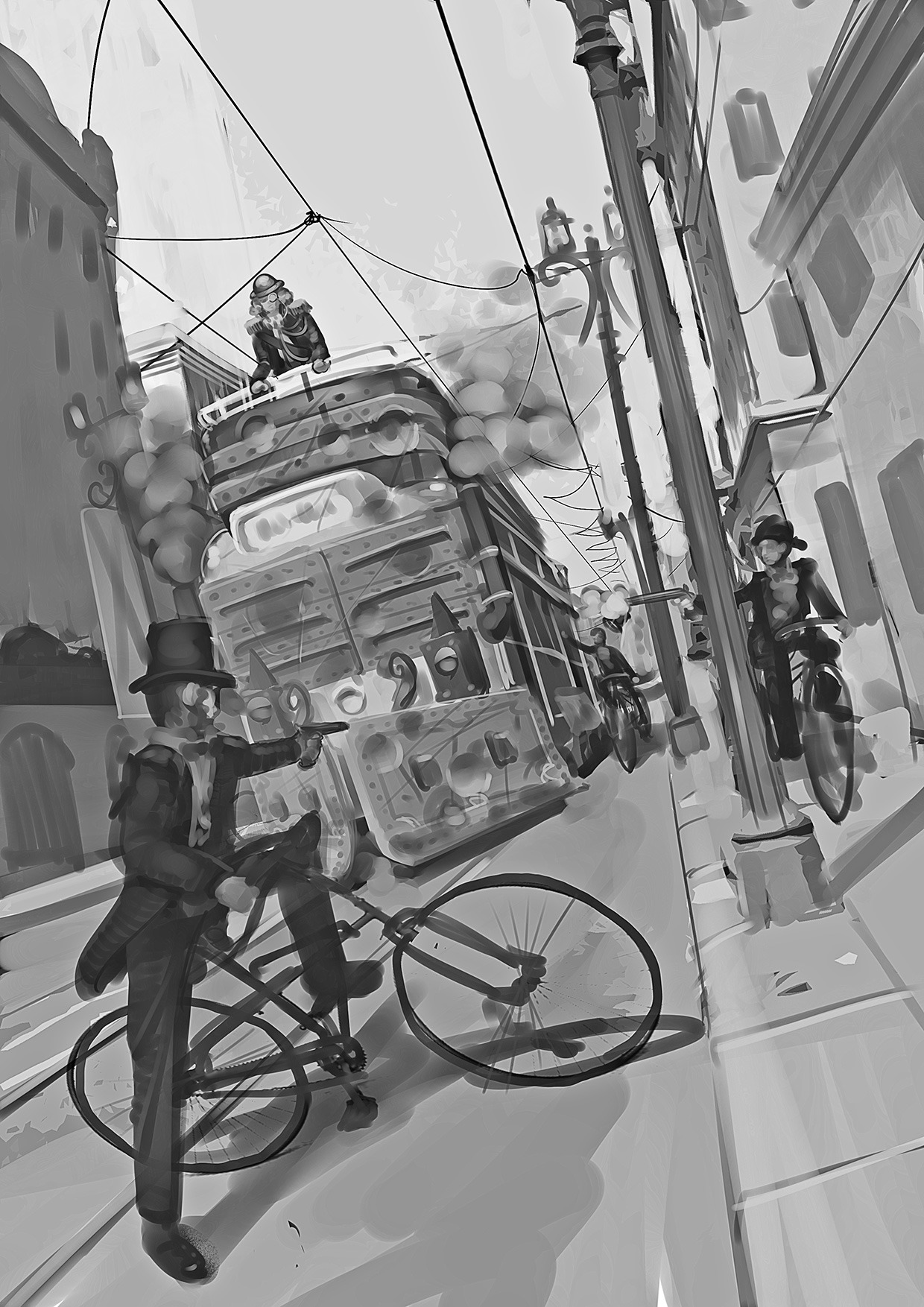 bicycle city dutch_angle monochrome outdoors pistol steampunk street top_hat train tram unfinished victorian weapon xix