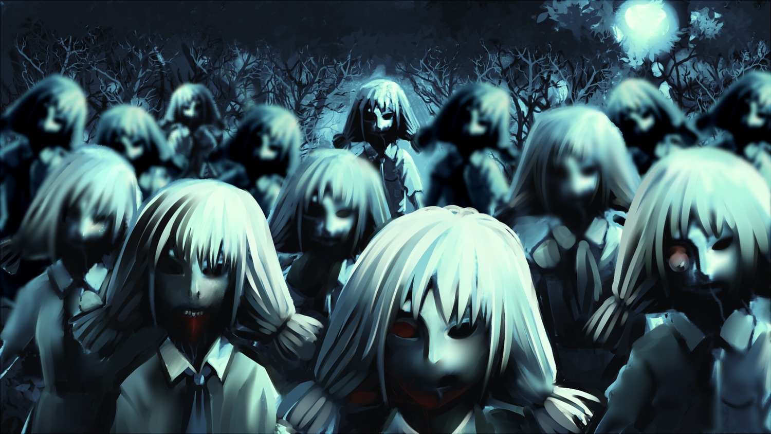 blood creepy crowd dark eroge forest game_cg gore highres multiple_girls multiple_persona night outdoors tree twintails ussr-tan