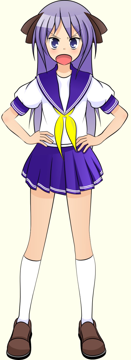1girl angry blue_eyes game_sprite hands_on_hips has_child_posts hiiragi_kagami kneesocks long_hair /ls/ lucky_star open_mouth purple_hair school_uniform serafuku shoes simple_background skirt solo transparent_background tsundere twintails