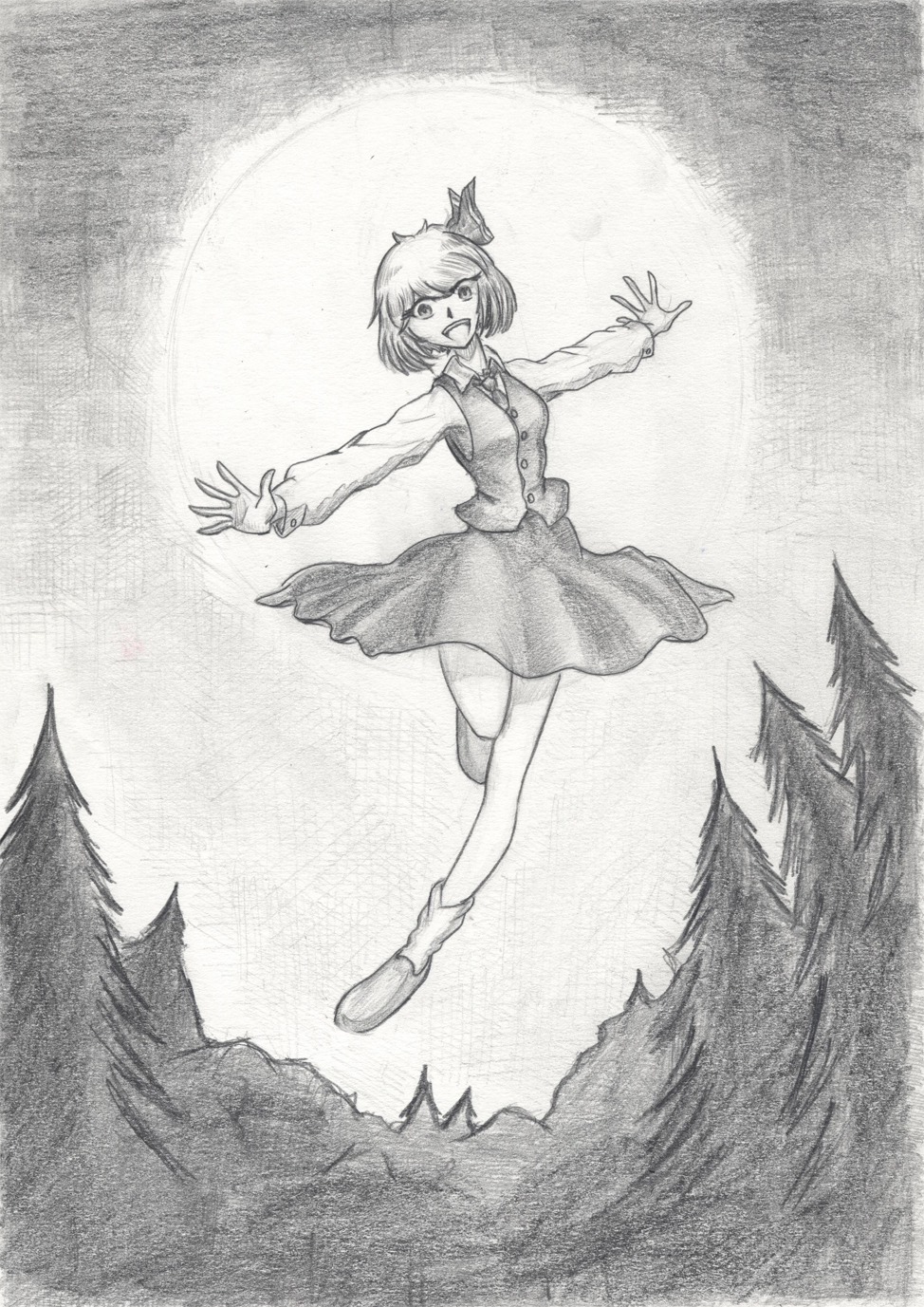 1girl monochrome open_mouth outdoors ribbon rumia shirt short_hair skirt socks solo spread_arms /to/ touhou traditional_media tree vest