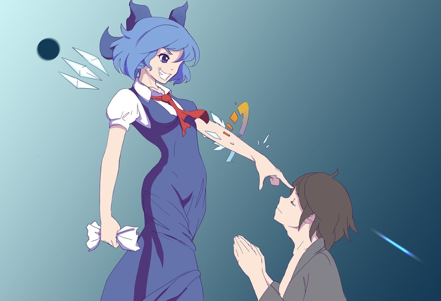 1boy 1girl ascot blue_eyes blue_hair bow brown_hair character_request cirno closed_eyes dress grin pointing praying smile tagme teeth touhou wings