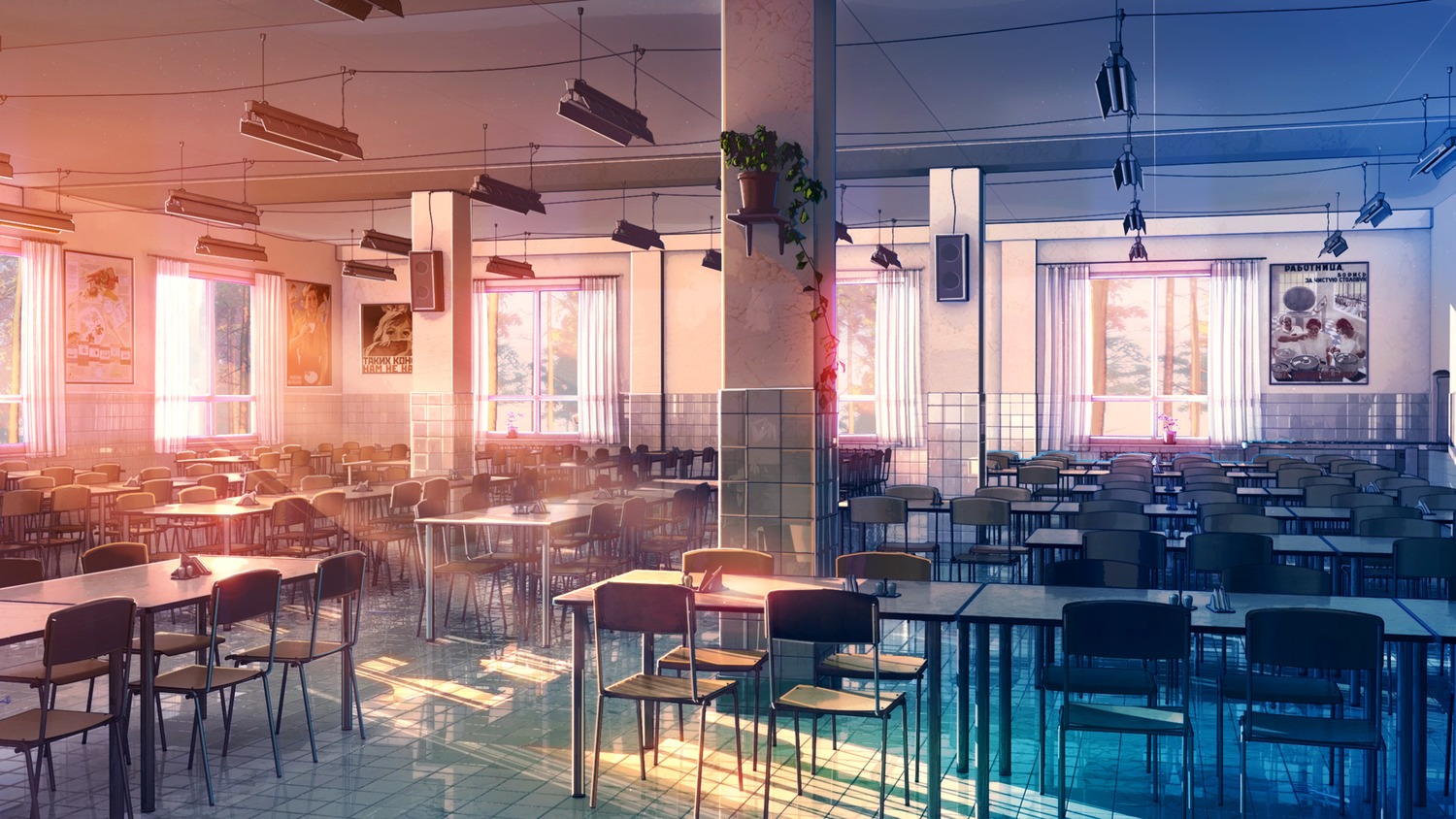 background chair dining_hall eroge highres no_humans poster room russian soviet table window