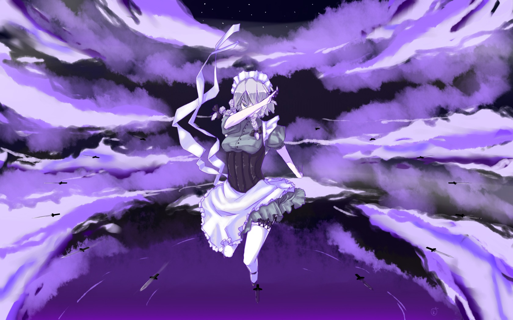 atmospheric cloud izayoi_sakuya knife oxykoma_(artist) silver_hair stars touhou violet weapon