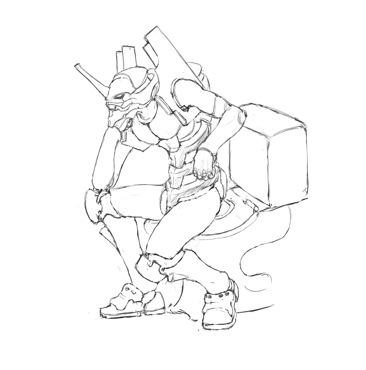 mecha monochrome neon_genesis_evangelion no_humans simple_background sitting sketch toilet