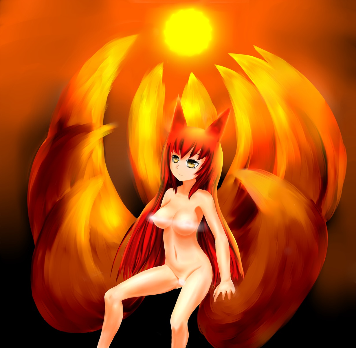1girl animal_ears breasts censored colored fox_ears fox_tail kitsune long_hair multiple_tails nude pussy red_hair smile yellow yellow_eyes