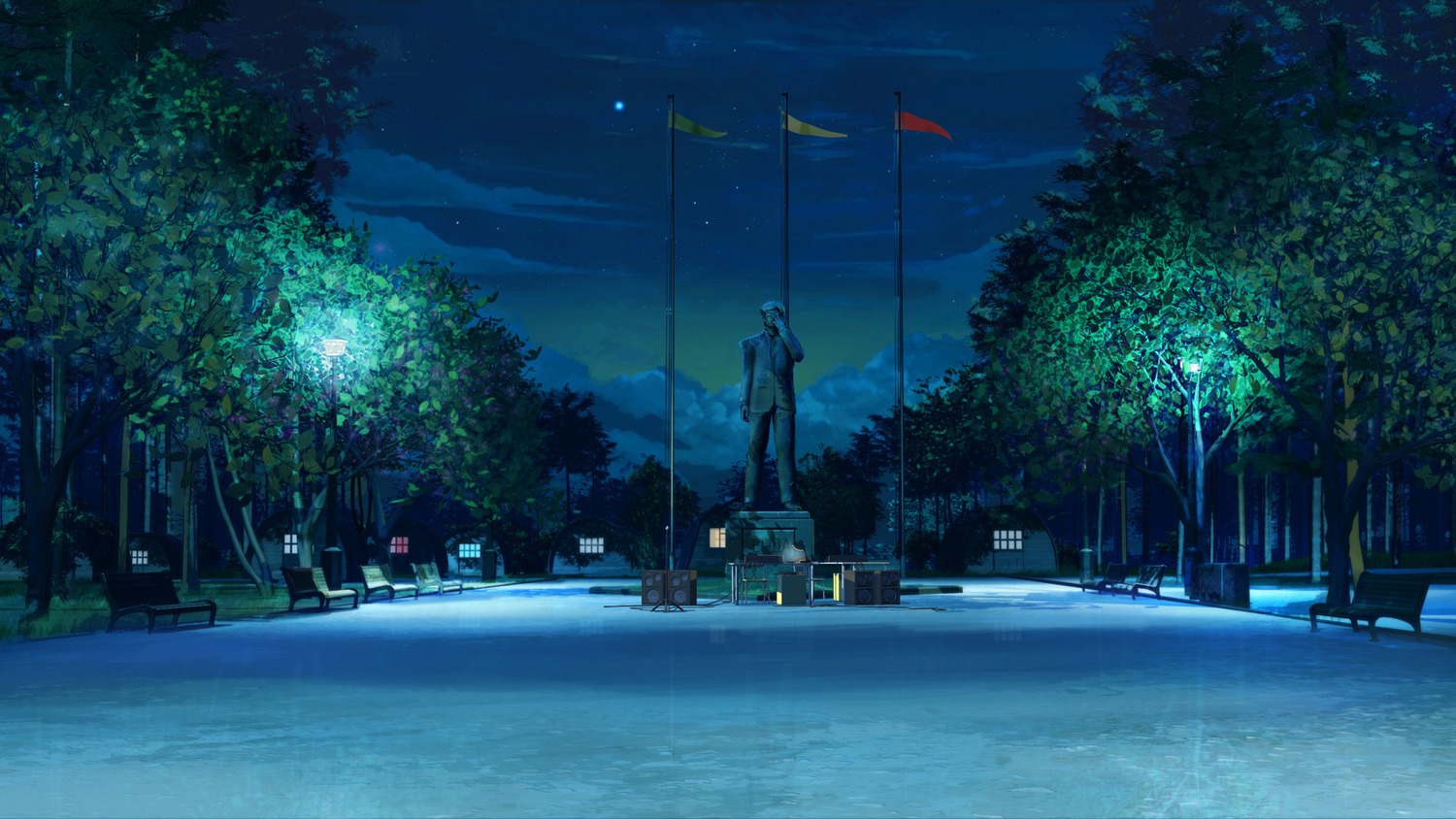 background camp eroge flag highres night no_humans outdoors sky square statue summer summer_camp tree