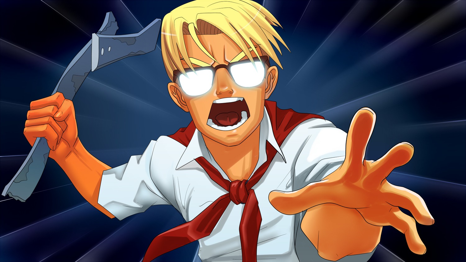 1boy blonde_hair eroge game_cg glasses highres madness motion_lines necktie open_mouth pioneer pioneer_necktie pioneer_uniform shirt short_hair shurik weapon