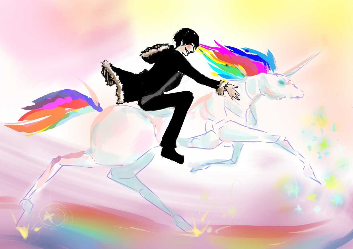 1boy black_hair durarara!! orihara_izaya rainbow riding short_hair smile unicorn
