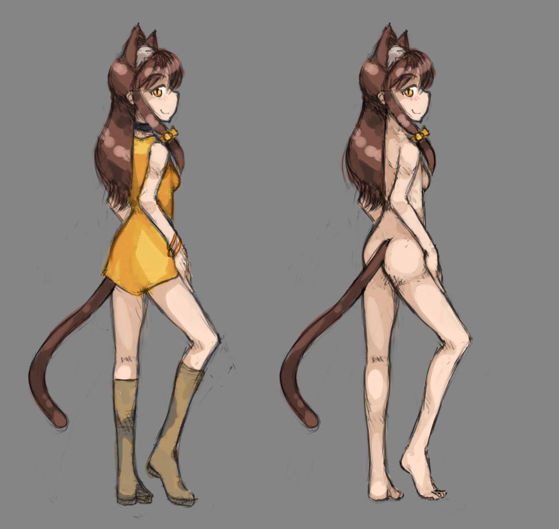 animal_ears blush boots bow braid brown_hair cat_ears dress from_behind has_child_posts long_hair nude tail uvao-chan yellow_eyes