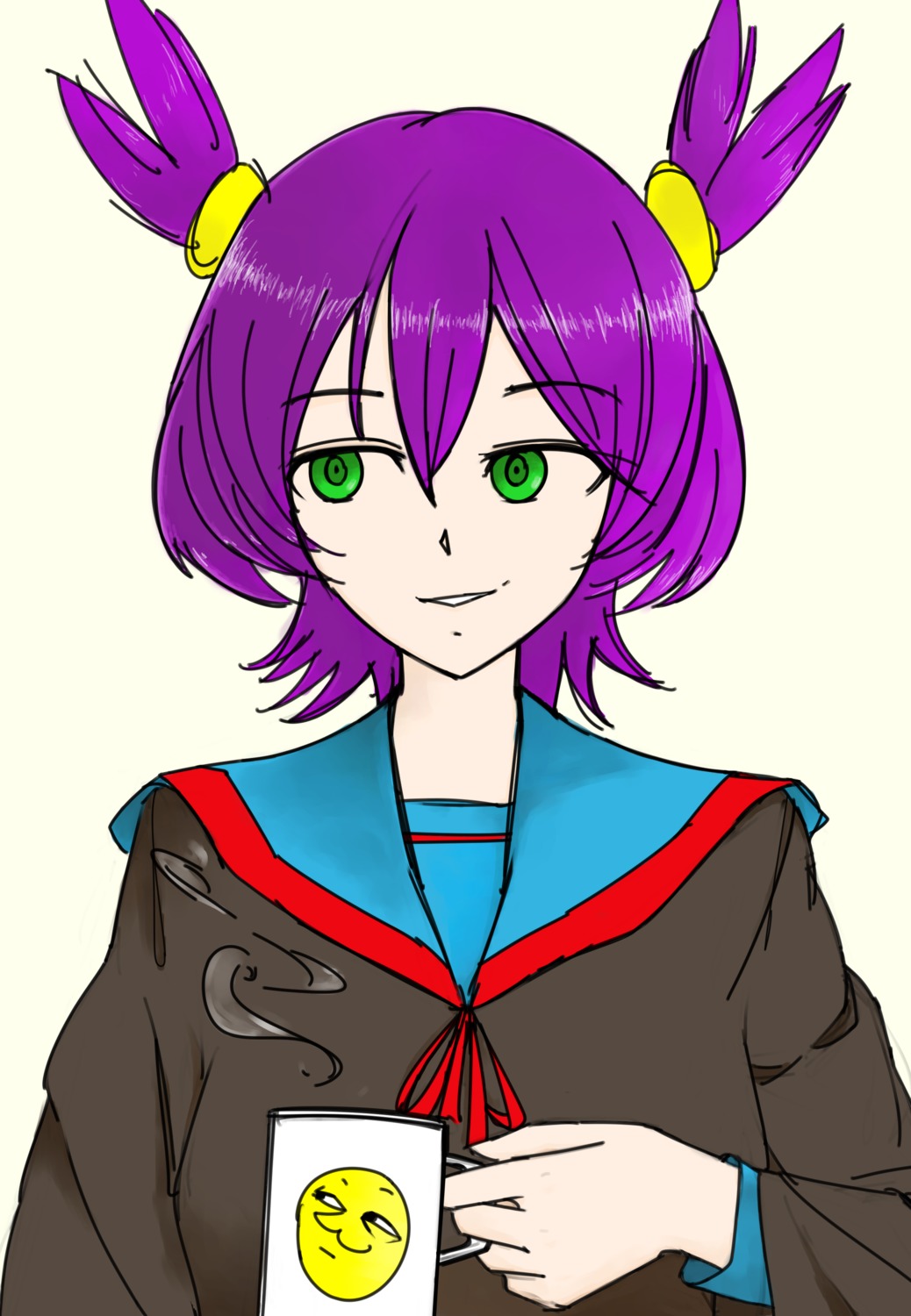 1girl colored cup green_eyes grin has_child_posts highres pekaface purple_hair school_uniform simple_background solo transparent_background twintails unyl-chan