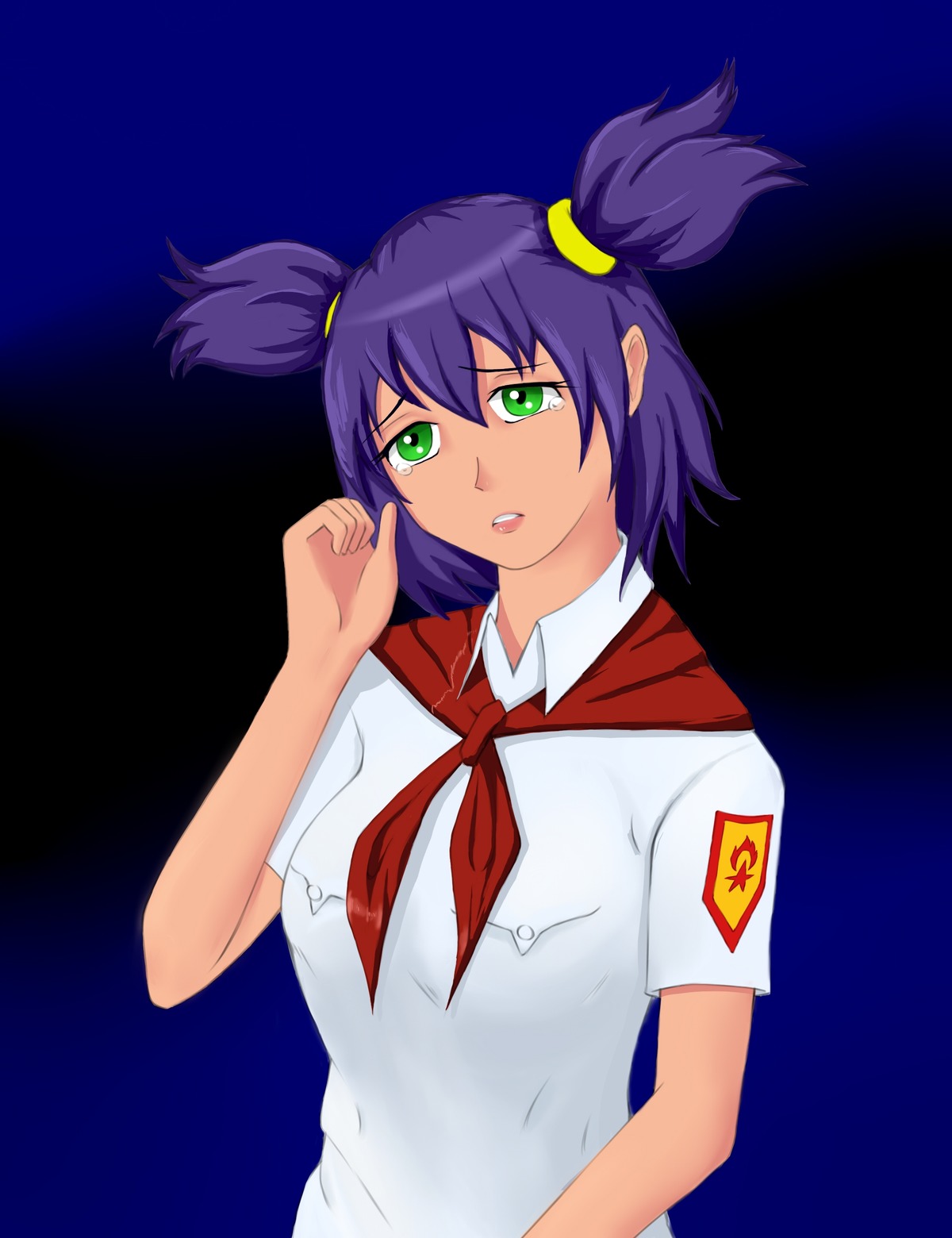 crying eroge green_eyes has_child_posts highres necktie pioneer pioneer_necktie pioneer_uniform purple_hair tears twintails unyl-chan