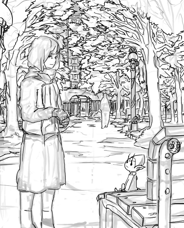 1girl bench building elf gloves lamppost monochrome outdoors pointy_ears sitting sketch skirt tree