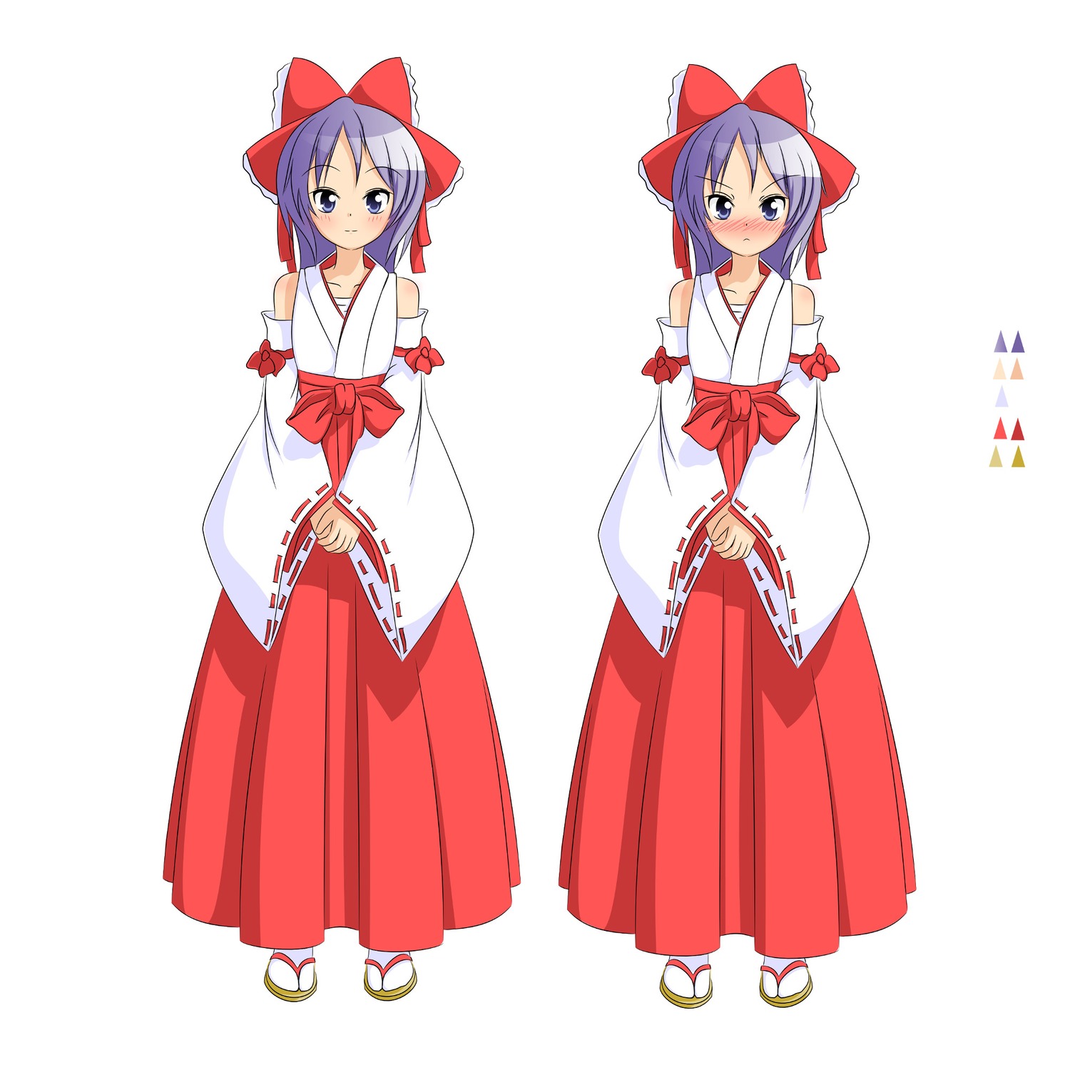 blue_eyes blush collage detached_sleeves game_sprite hair_bow hakama hiiragi_kagami japanese_clothes long_hair /ls/ lucky_star miko purple_hair simple_background smile tabi v_hands