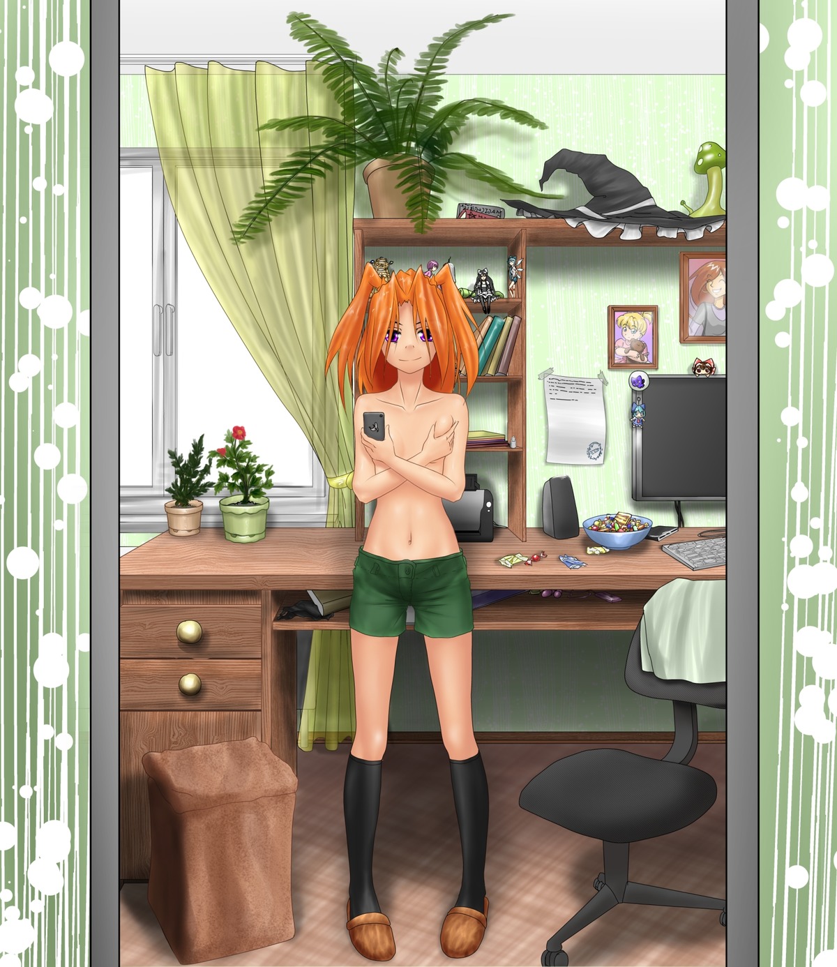 camera chair computer figure from_police_to_kids hat hater_(artist) mvd-chan no_bra orange_hair purple_eyes room shorts socks table topless twintails window