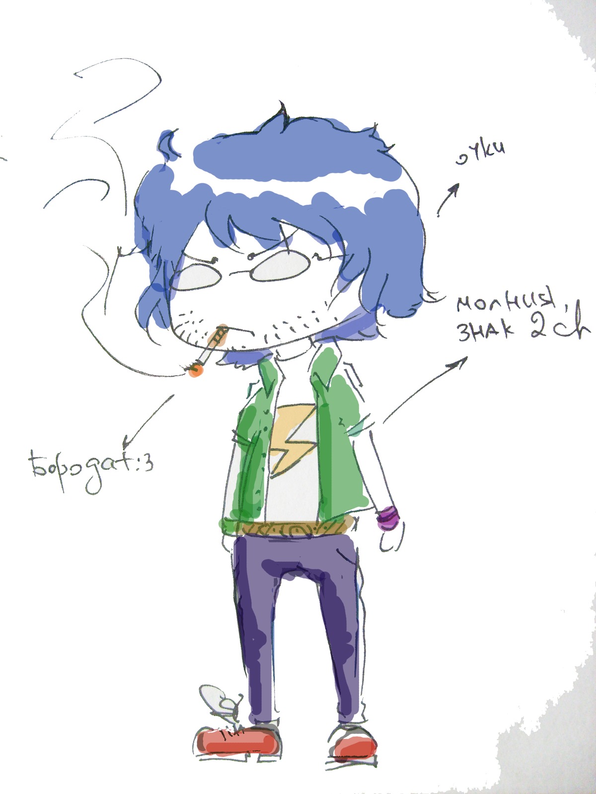 1boy beard blue_hair bracelet btard-kun cigarette dvach_emblem glasses shirt sketch smoking t-shirt