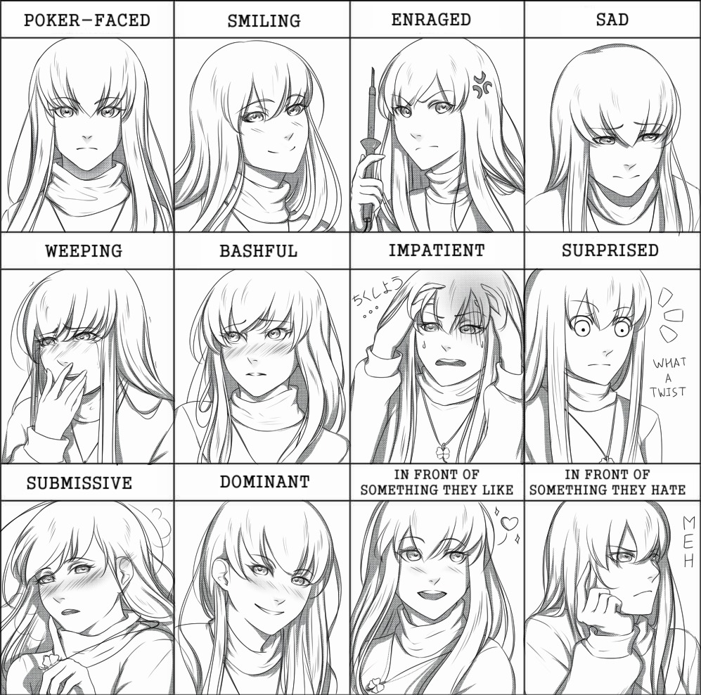 1girl anger_vein angry blush chart crying darkening drop emotions long_hair monochrome open_mouth smile surprised tears