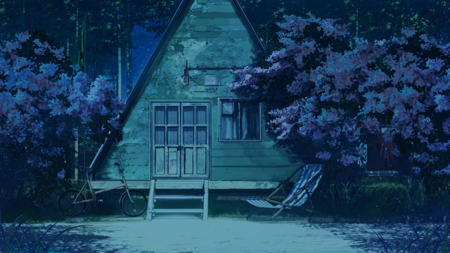 background bicycle bush chair eroge highres house lounge_chair night no_humans outdoors summer tree