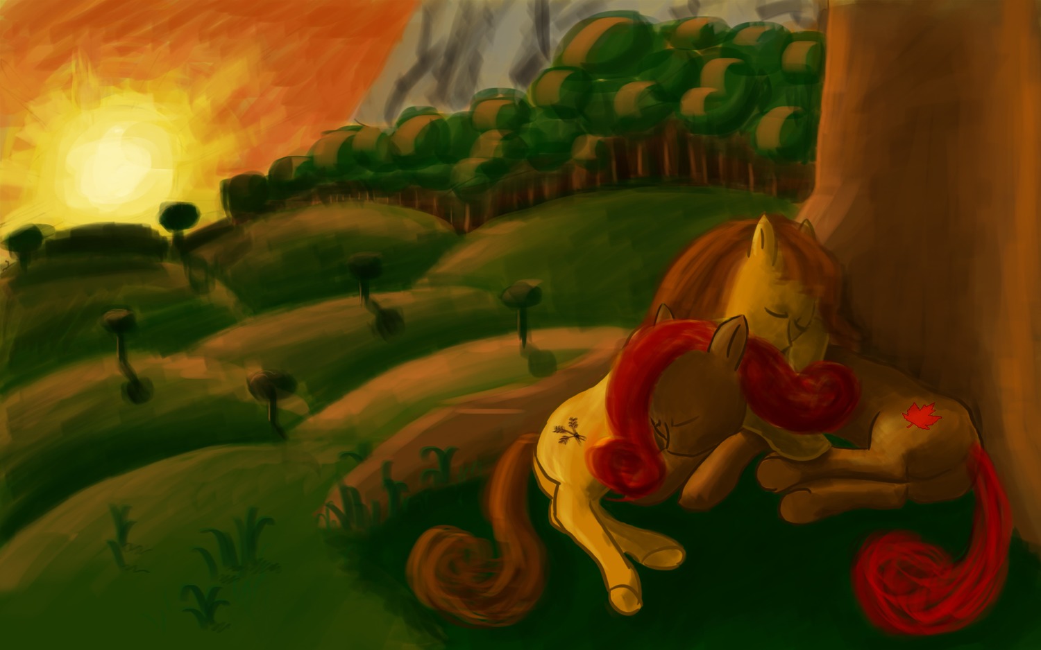 animal /bro/ highres mare my_little_pony my_little_pony_friendship_is_magic nature no_humans outdoors pony shipping sky sleeping sun sunset tree