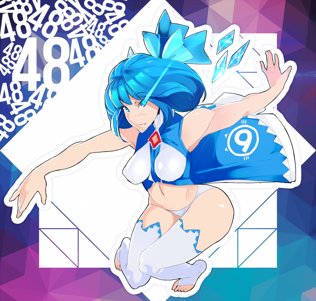 1girl alternate_costume blue_eyes blue_hair bow breasts cirno glowing_eyes madskillz_thread_oppic navel oxykoma_(artist) panties solo spread_arms thighhighs touhou white_legwear white_panties wings