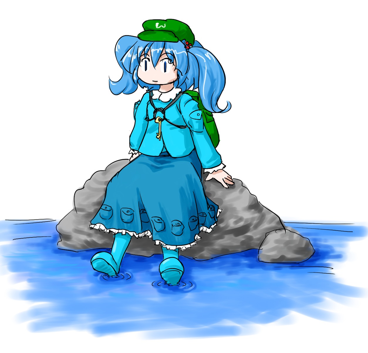 bag blue_eyes blue_hair boots hat kawashiro_nitori key rock sitting /to/ touhou twintails water