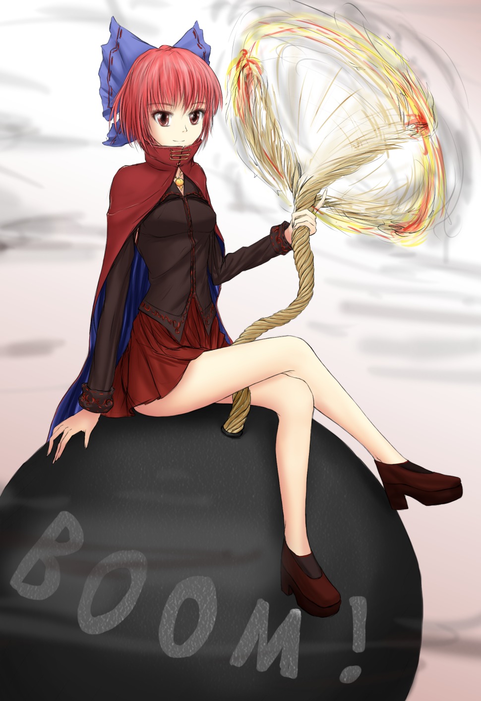 bomb bow cape fire has_child_posts hater_(artist) red_eyes red_hair sekibanki short_hair sitting skirt smoke /to/ touhou