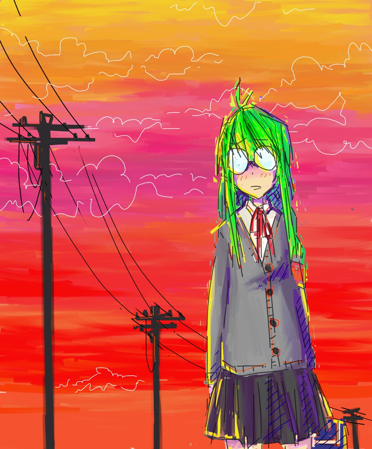 ahoge bomb-chan braid glasses green_hair long_hair main_page outdoors school_uniform skirt sky sunset twin_braids wire wires