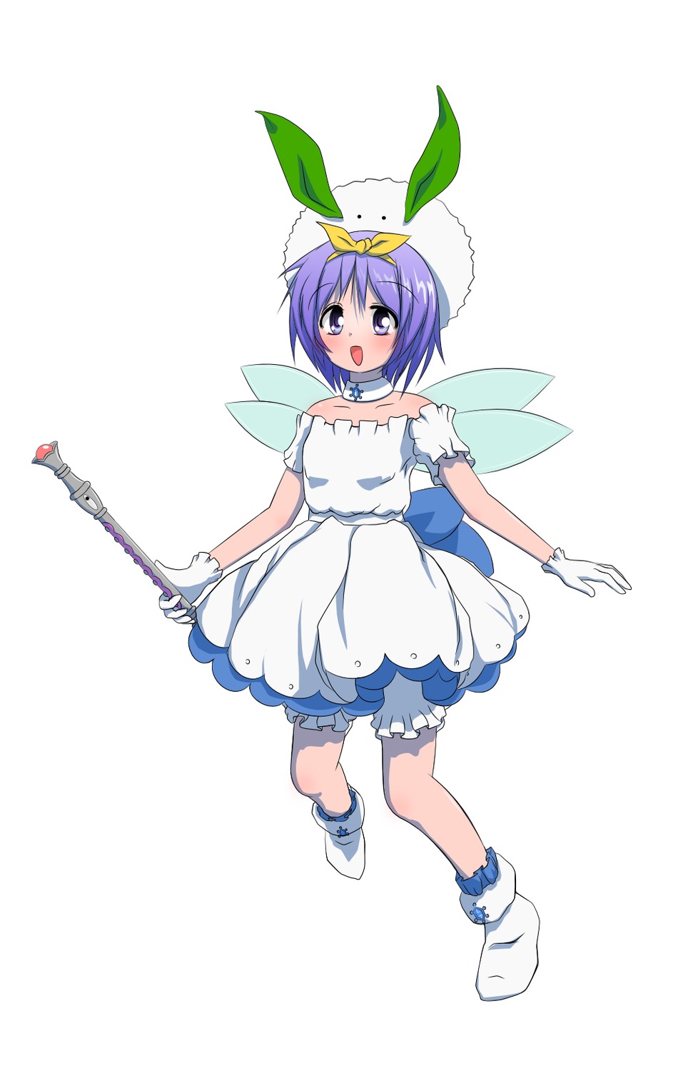 1girl bloomers blush dress gloves hat hiiragi_tsukasa /ls/ lucky_star magical_girl open_mouth possible_duplicate purple_eyes purple_hair short_hair simple_background snow_bunny socks solo staff wand wings