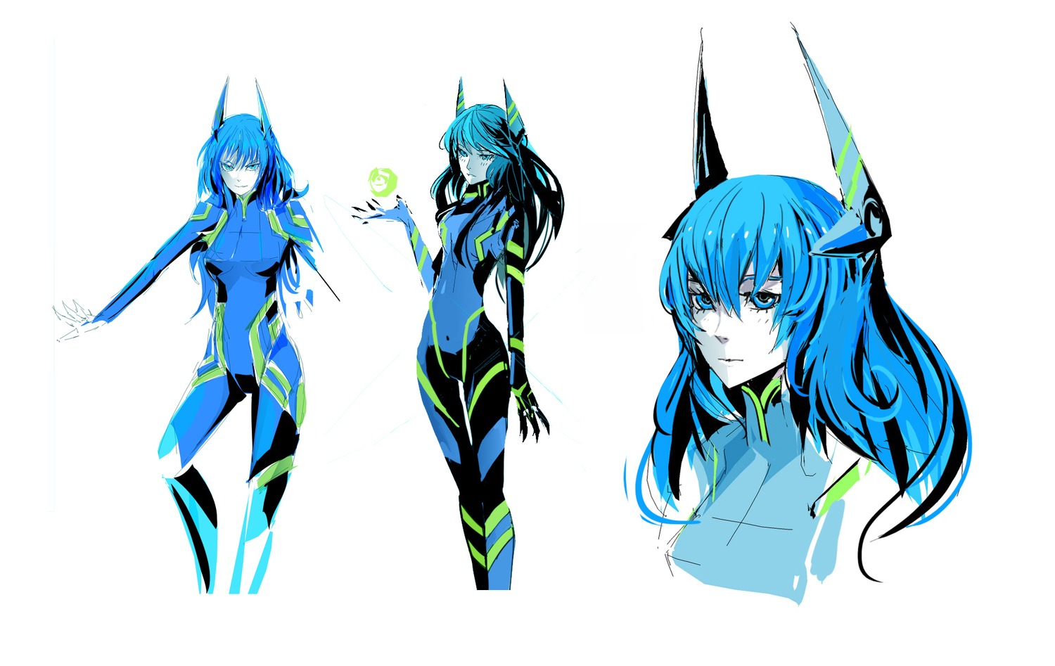 arsenixc_(artist) blue_eyes blue_hair bodysuit collider-sama horns long_hair simple_background /tan/