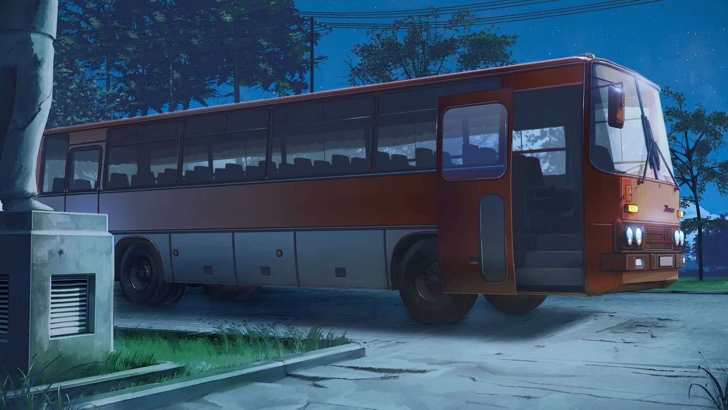 background bus eroge highres night no_humans outdoors summer tree