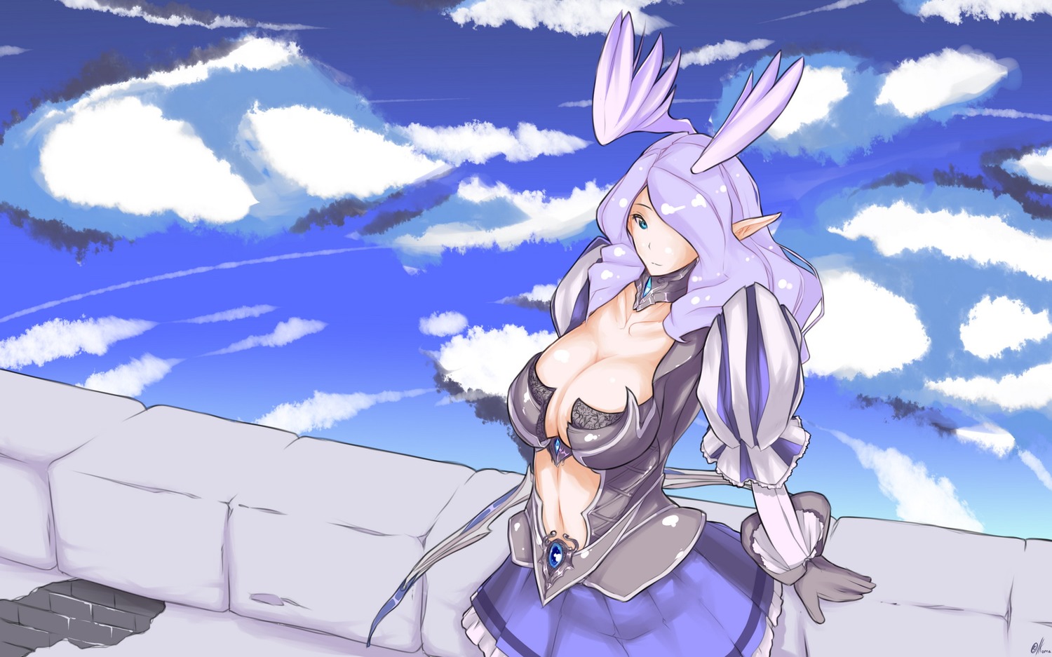 blue_eyes bow breasts bricks cleavage cloud cuirass elf_ears fantasy gloves gorget jewelry long_hair oxykoma_(artist) pointy_ears purple_hair skirt sky sky-fi smile tagme wall winged_hairpin