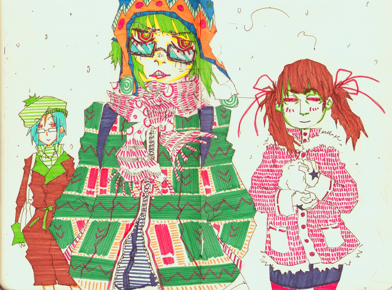 black_hole-chan blue_hair bomb-chan brown_hair glasses green_hair hat hydrogen_bomb-chan long_hair multiple_girls red_eyes scarf stylish traditional_media twintails winter_clothes