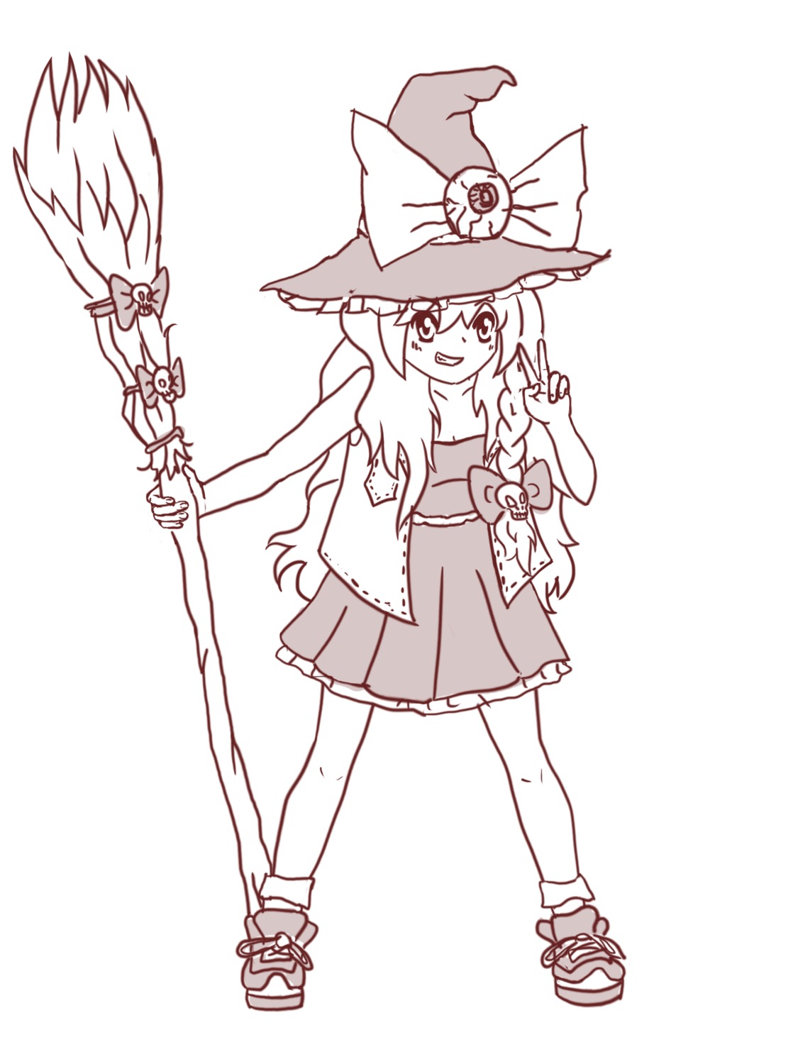 /an/ bow braid broom hat highres kirisame_marisa long_hair monochrome simple_background sketch skull smile touhou v witch_hat
