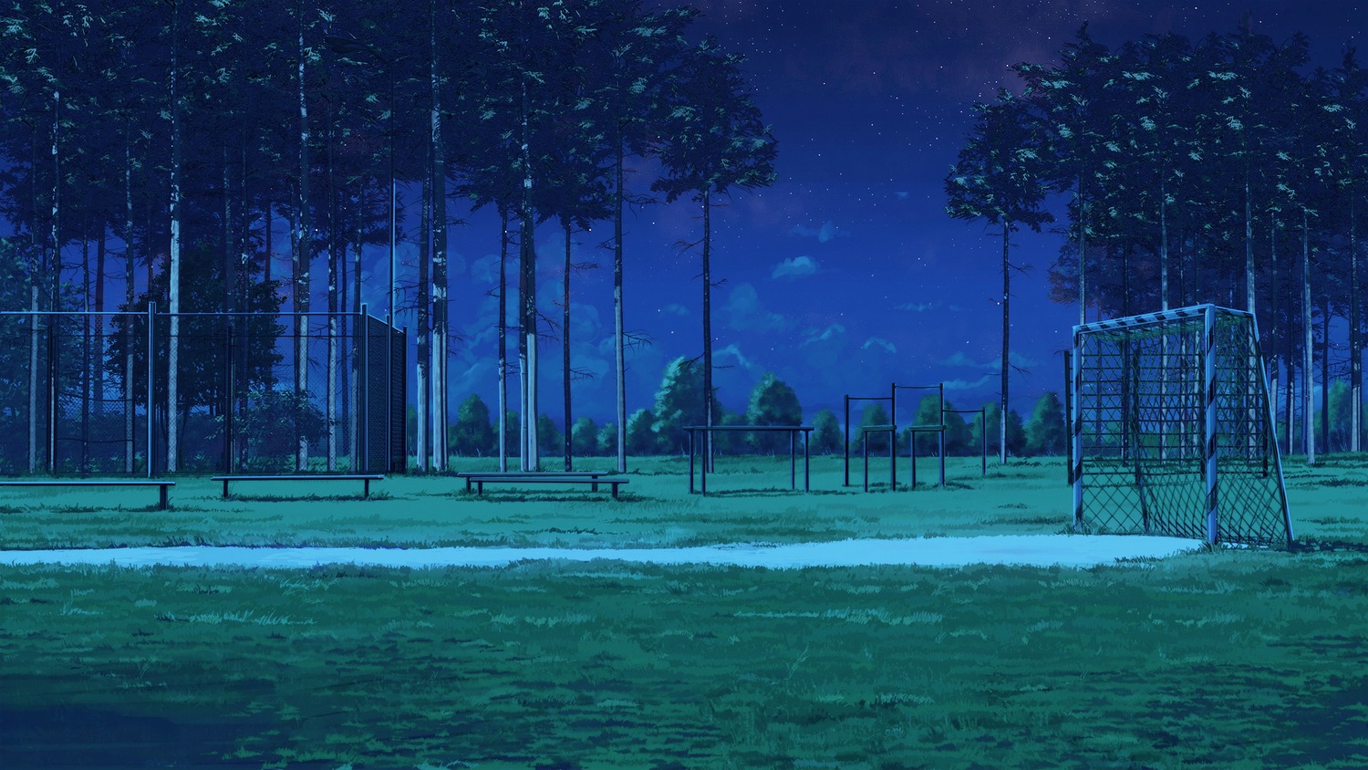 background eroge grass highres night no_humans outdoors playground sky soccer_field stars summer tree
