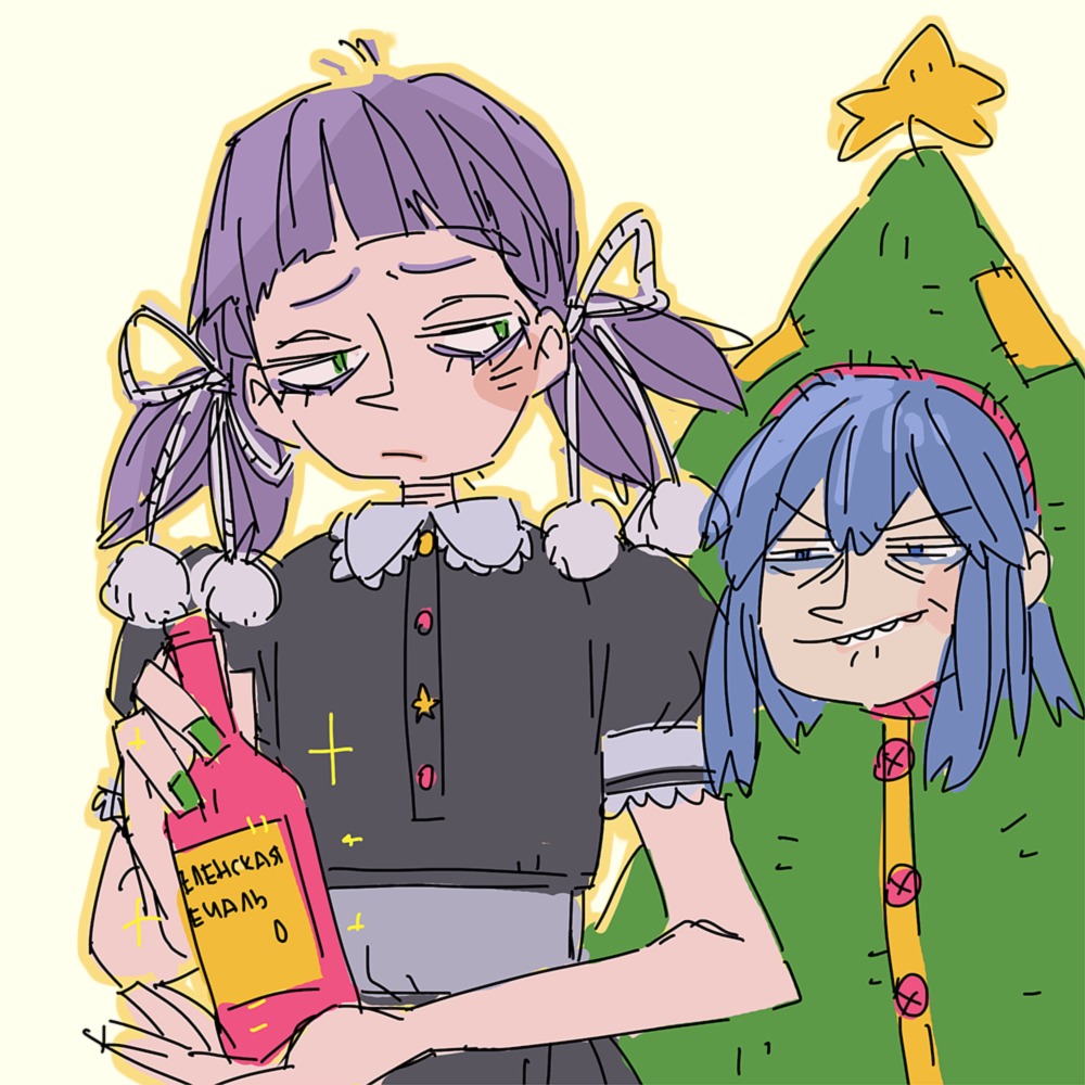2girls blue_hair bottle christmas_tree cirno frown green_eyes holding multiple_girls nail_polish new_year purple_hair simple_background star teeth transparent_background twintails unyl-chan