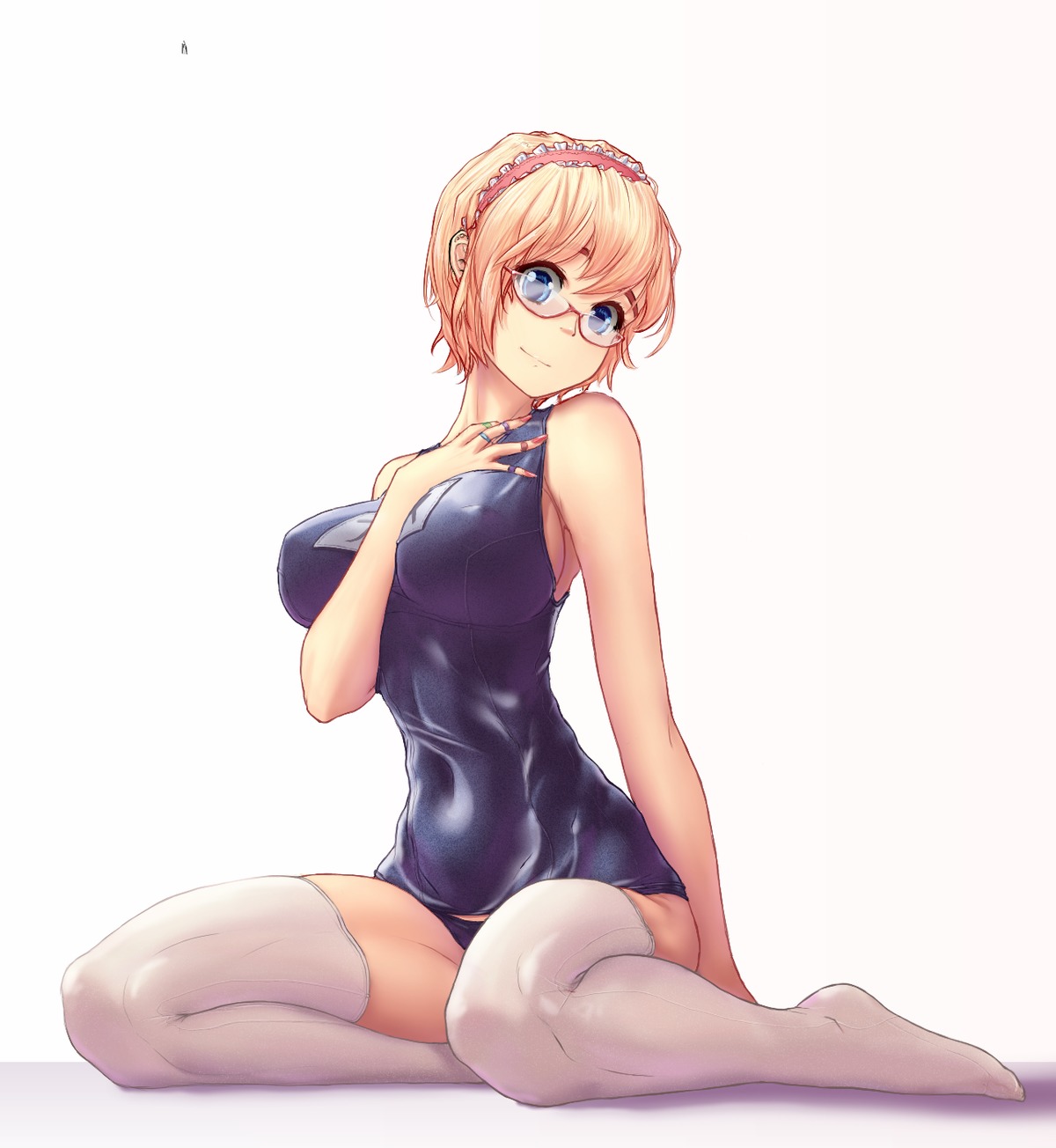 alice_margatroid blonde_hair blue_eyes breasts glasses hairband hand_on_chest hater_(artist) large_breasts nail_polish school_swimsuit short_hair simple_background sitting swimsuit thighhighs /to/ touhou