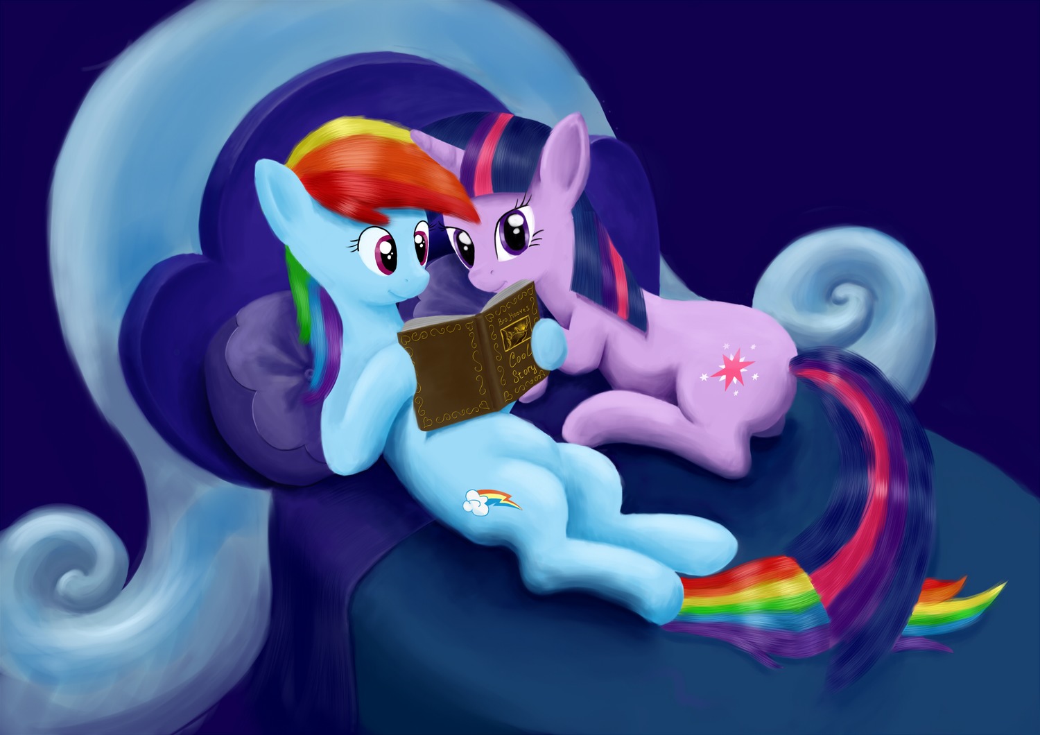 animal bed book /bro/ has_child_posts highres horn horns lying multicolored_hair my_little_pony no_humans pony rainbow_dash reading twilight_sparkle unicorn