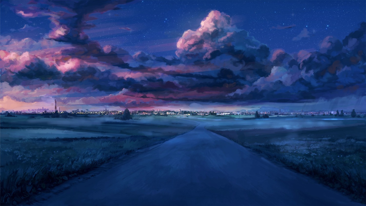background cloud eroge grass highres night no_humans outdoors road sky summer