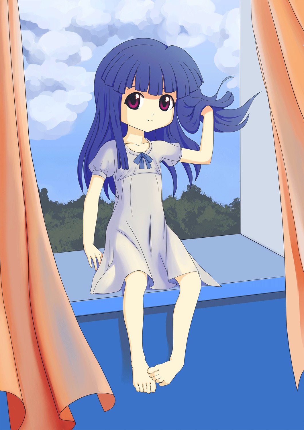 1girl barefoot blue_hair cloud dress furude_rika highres higurashi_no_naku_koro_ni long_hair purple_eyes sitting sky smile solo window